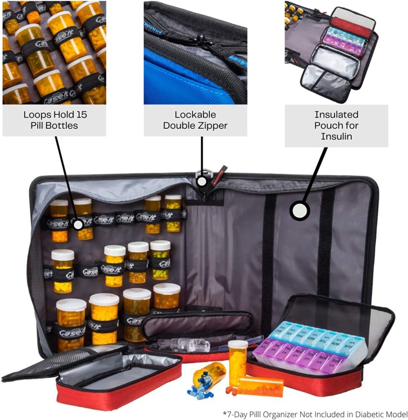Large Insulated Medical Binder with Pill Organizer and 6-Pocket Folder